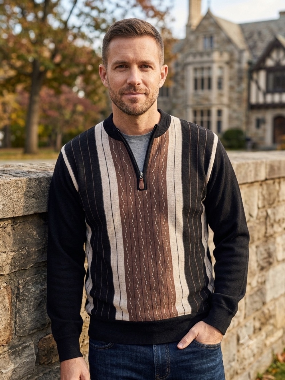 Men's Vertical-Stripe Quarter-Zip Sweater Pullover - Black & Brown